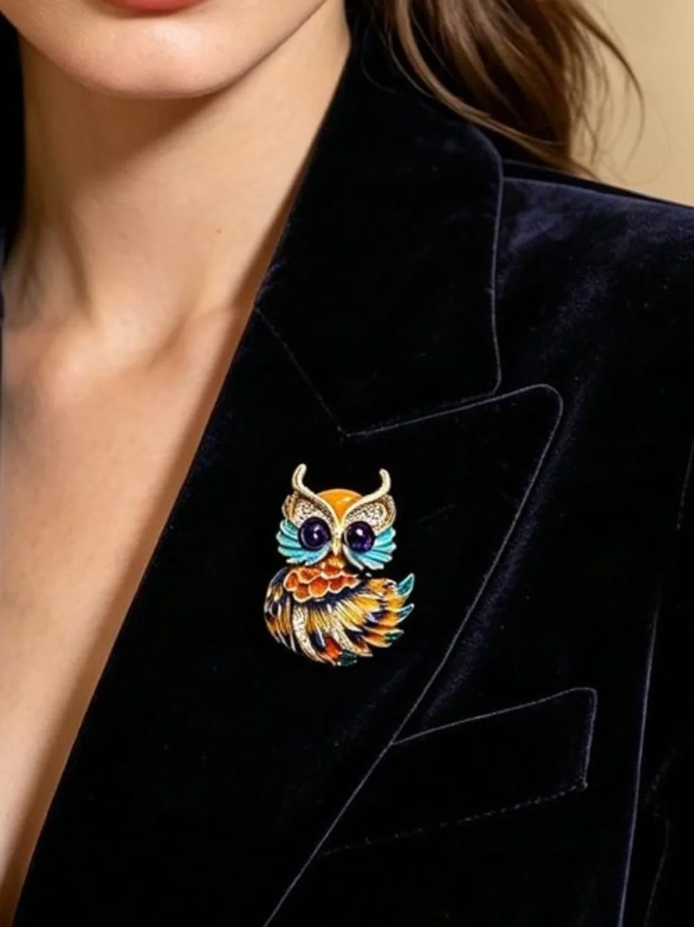 Multicolor Owl Brooch — Turquoise, Purple, Gold, Orange